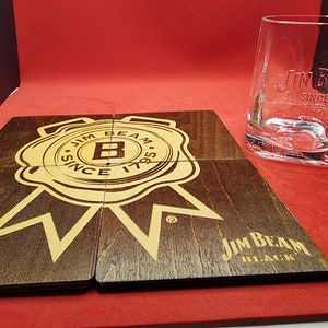Jim Beam 4 Piece Wooden Coaster Set and Glass
