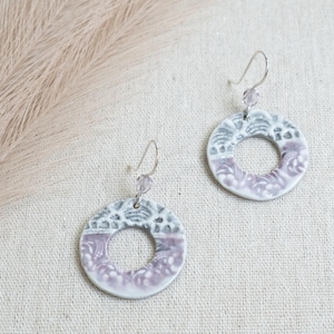 Boho Porcelain Hoop Earrings – Handmade Purple and Gray Clay Earrings - Handmade Sterling Silver Ear Wires and Czech Glass – Gift for Her