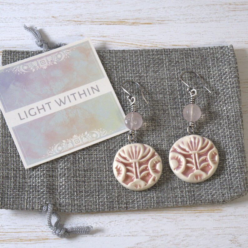 Handmade Porcelain Earrings Sterling Silver Wire Wrapped Earrings Beaded Rose Quartz Earrings Pink Floral Earrings Flower Earrings
