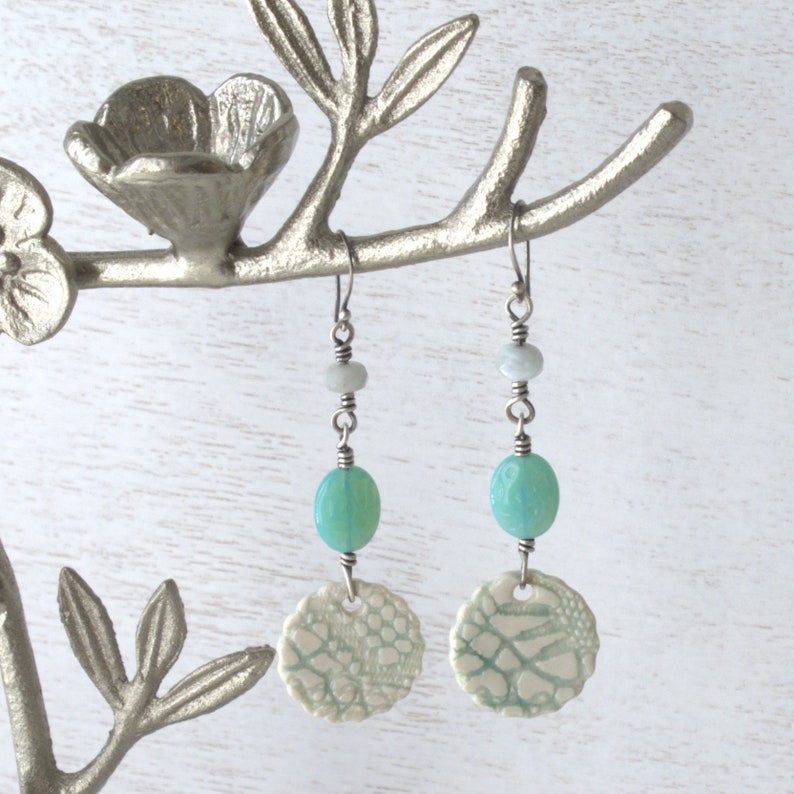 Long Sterling Silver Wire Wrapped Earrings Handmade Porcelain Earrings Long Turquoise Dangle Earrings Long Beaded Dangle Earrings