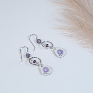 Handmade Porcelain Flower Earrings Sterling Silver Smith Purple Beaded Dangle Earrings Gift for Her Handmade Porcelain Jewelry