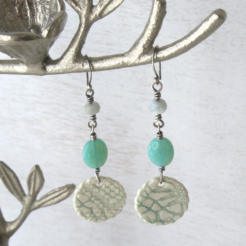Long Sterling Silver Wire Wrapped Earrings Handmade Porcelain Earrings Long Turquoise Dangle Earrings Long Beaded Dangle Earrings