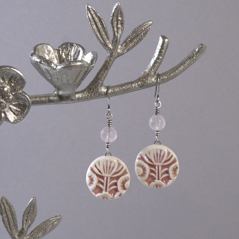 Handmade Porcelain Earrings Sterling Silver Wire Wrapped Earrings Beaded Rose Quartz Earrings Pink Floral Earrings Flower Earrings
