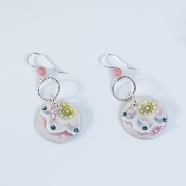 Flower Dangle Earrings Handmade Porcelain Clay Boho Floral Earrings Sterling Silver Smith Earrings