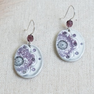 Handmade Porcelain Flower Earrings | Purple Floral Dangle Earrings with Beaded Sterling Silver Ear Wires | Boho Jewelry Gift for Her