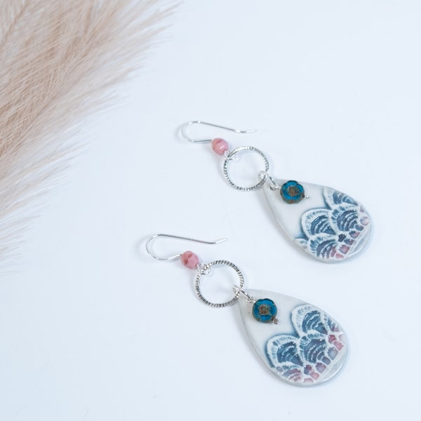 Boho Lace Dangle Earrings Handmade Porcelain Clay Earrings Sterling Silver Smith Earrings Tear Drop Pink and Turquoise Colorful Earrings