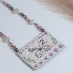Boho Butterfly Pendant Necklace – Handmade Porcelain Floral Ceramic – Beaded Cottagecore Jewelry – Sterling Silver Chain