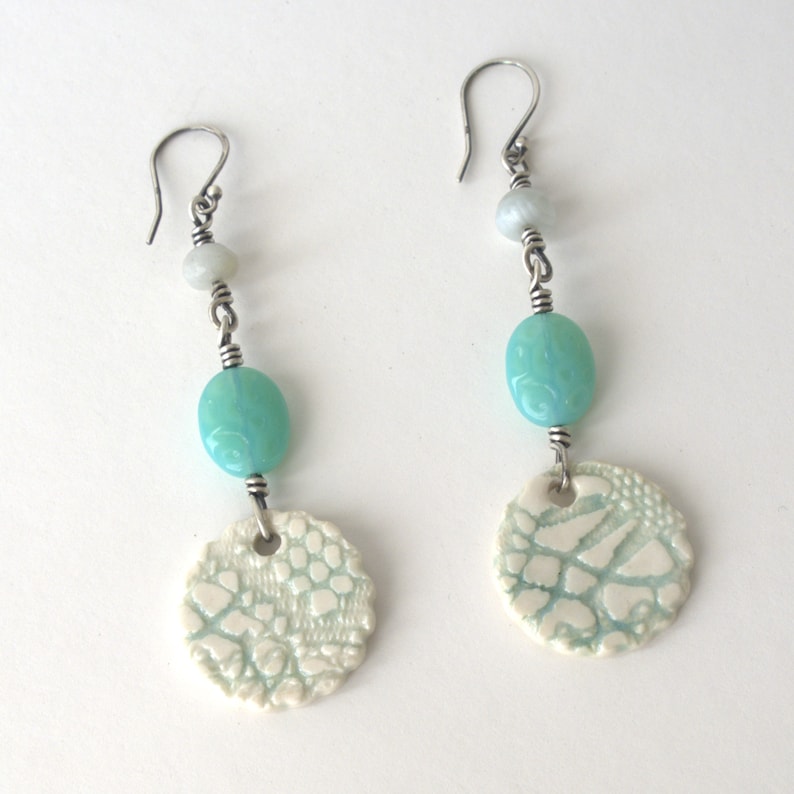 Long Sterling Silver Wire Wrapped Earrings Handmade Porcelain Earrings Long Turquoise Dangle Earrings Long Beaded Dangle Earrings
