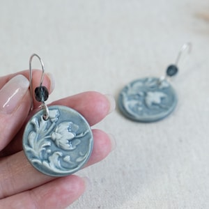 Handmade Pale Blue Porcelain Earrings: Sterling Silver Botanical Dangles