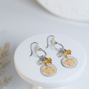 Handmade Dangle Bee Earrings: Porcelain, Czech Glass & Oxidized Sterling Silver