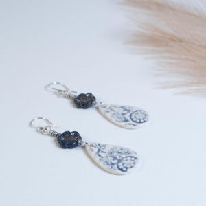 Handmade Porcelain Floral Earrings: Sterling Silver, Czech Glass Beads
