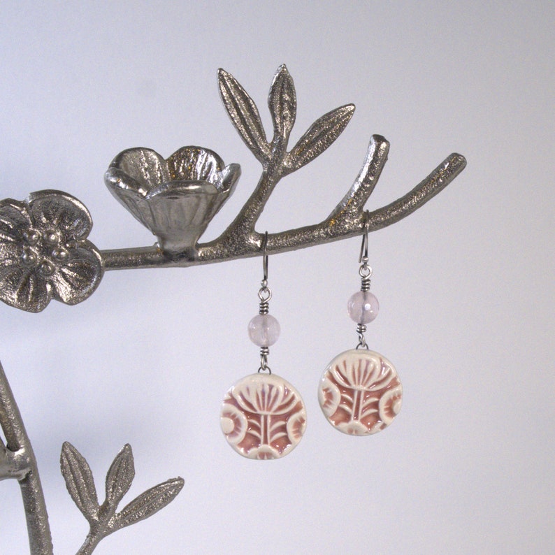Handmade Porcelain Earrings Sterling Silver Wire Wrapped Earrings Beaded Rose Quartz Earrings Pink Floral Earrings Flower Earrings