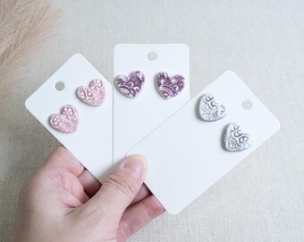 Handmade Porcelain Heart Stud Earrings: Boho Floral Ceramic Studs