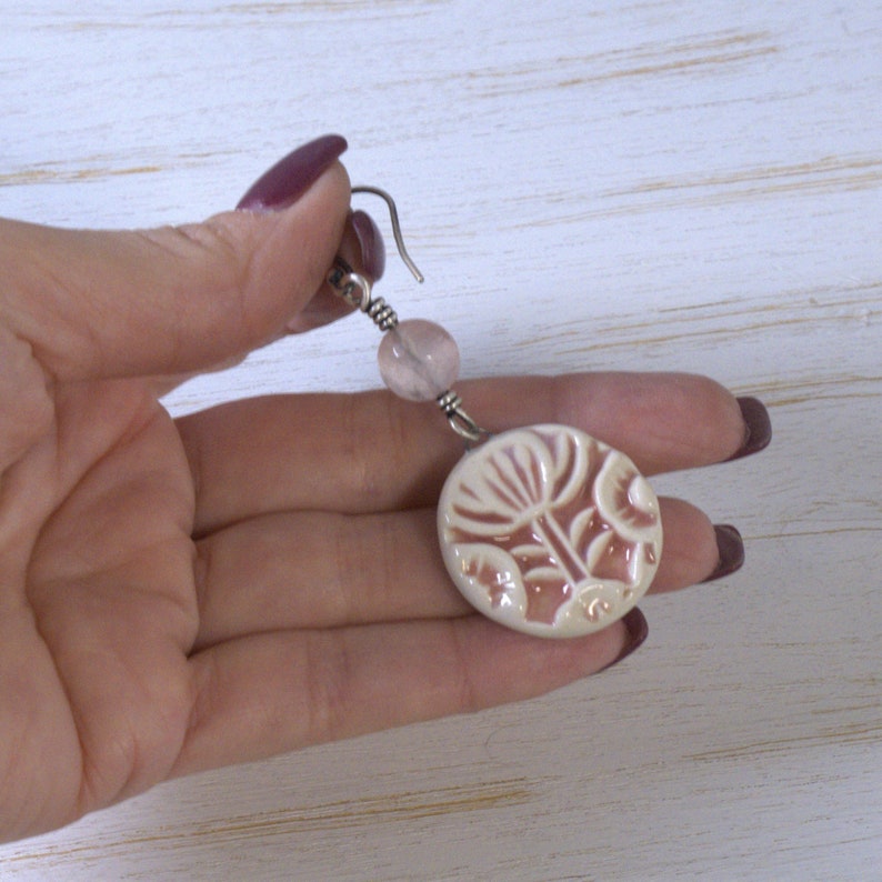 Handmade Porcelain Earrings Sterling Silver Wire Wrapped Earrings Beaded Rose Quartz Earrings Pink Floral Earrings Flower Earrings