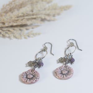 Beaded Purple and Gray Flower Dangle Earrings Porcelain and Sterling Silver Wire Wrapped Silver Smith Earrings Boho Purple Botanical