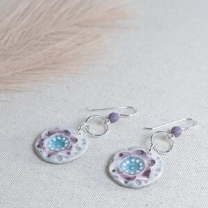 Porcelain Dangle Flower Earrings Handmade Sterling Silver and Ceramic Boho Purple Floral Earrings Gift For Her