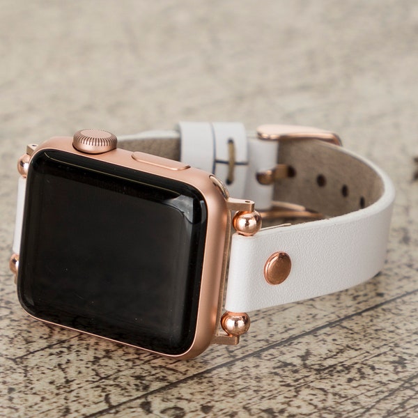 Leather Apple Watch Band 38mm 40mm 41mm 42mm 44mm 45mm, women Thin iWatch Strap Bracelet with Rose Gold Rivet for Series 7 6 5 4 3 2 1 & SE