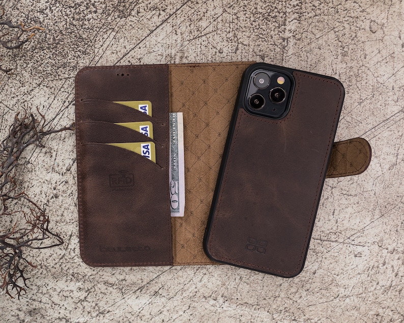 6.7 Brown Leather Apple iPhone 12 PRO MAX Magnetic Detachable RFID Protection Wallet Case with Card Slots iPhone 12 Pro Max Back Cover
