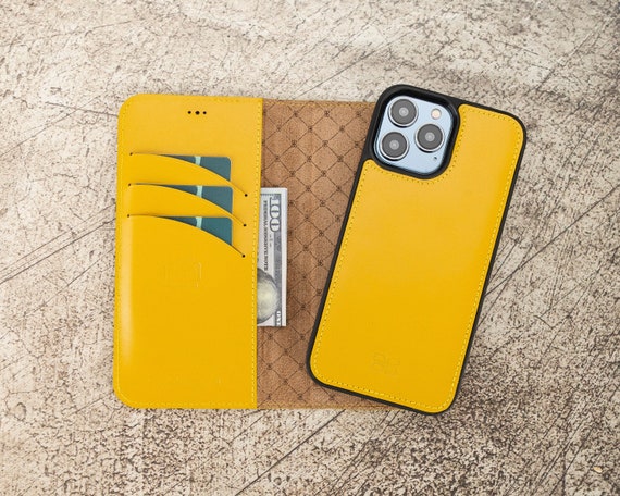 Yellow Leather Magnetic Wallet Case for iPhone 14 Pro MAX (6.7