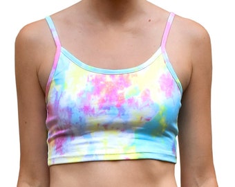 Regenbogen Pastell Tie Dye abgeschnitten Tank Spaghetti-Träger Cami Mix N Match Crop Top
