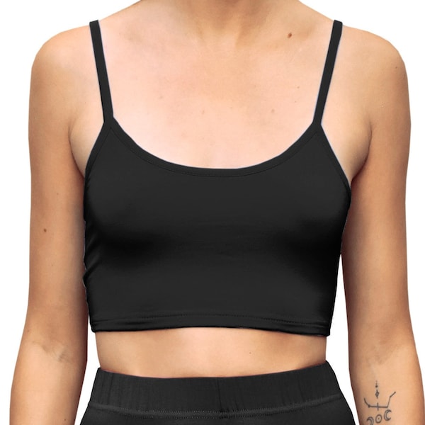 Solid Black Cropped Tank Spaghetti Strap Cami Mix N Match Crop Top