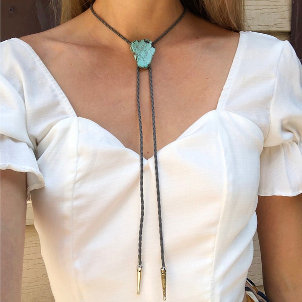 Turquoise Stone Bolo Tie Braided Vegan Faux Leather Metal Tips Handmade Necklace Adjustable Black White Brown Boho Bohemian Western Jewelry