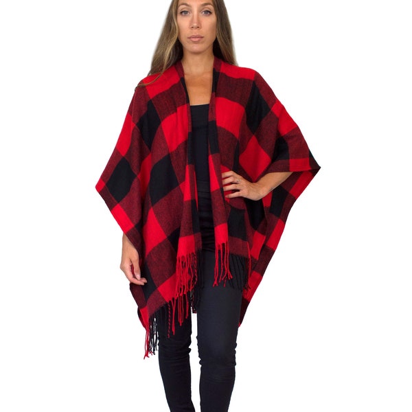 Gewebter Strickbüffel Karo Poncho Rot Schwarz Flanell Kariert Fransen Oversized Wickelpullover Decke Warm Winter Damen Schal Ruana