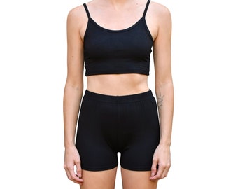 Two Piece Co-Ord Crop Top Cami High Waisted Biker Shorts Yoga Athleisure Loungewear Women's Matching Set - 2" Inseam - Solid Black