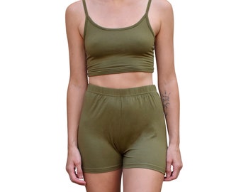 Two Piece Co-Ord Crop Top Cami High Waisted Biker Shorts Yoga Athleisure Loungewear Women's Matching Set - 2" Inseam - Solid Olive