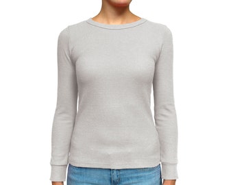 Jednolity jasnoszary sweter z okrągłym dekoltem, długi rękaw, wygodny, swobodny, podstawowy, dopasowany t-shirt, damski, ciepły, zimowy, waflowy, dzianinowy, termiczny top warstwowy