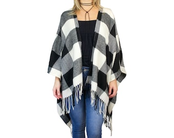 Gewebter Strick Tartan Buffalo Plaid Poncho Schwarz Weiß Flanell Kariert Fransen Oversized Wrap Pullover Decke Warm Winter Damen Schal Ruana