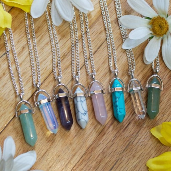 Crystal Stone Pendant Necklace Charm Silver Chain Handmade Heeling Chakra Point Gemstone Gem Rose Quartz Turquoise Amethyst Green Aventurine