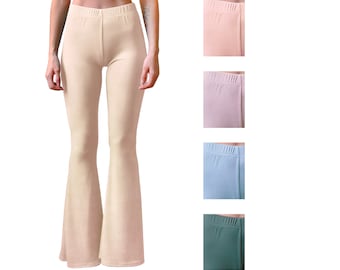 Ribbed Bell Bottom Flare Stretch Knit High Waisted Rise Hippie Bohemian Comfy Legging Loungewear Pants