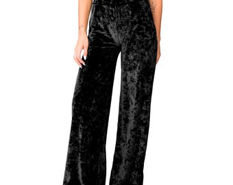 Black Lush Crushed Velvet Casual Loungewear Mid to High Rise Elastic Waist Stretch Knit Loose Fit Straight Wide Leg Palazzo Pants