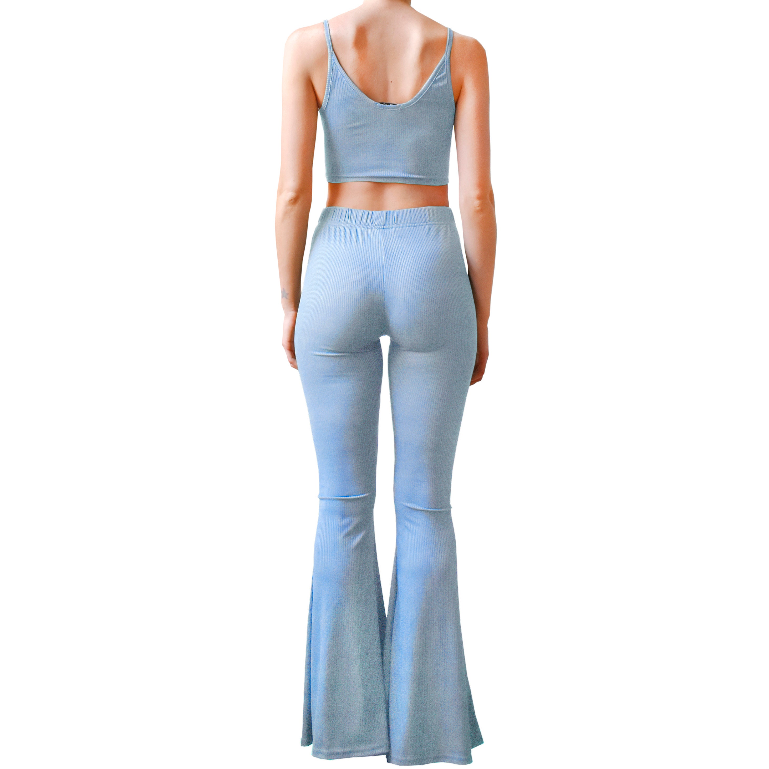 Sky Blue Ribbed Bell Bottom Flare Stretch Knit High Waisted Hippie