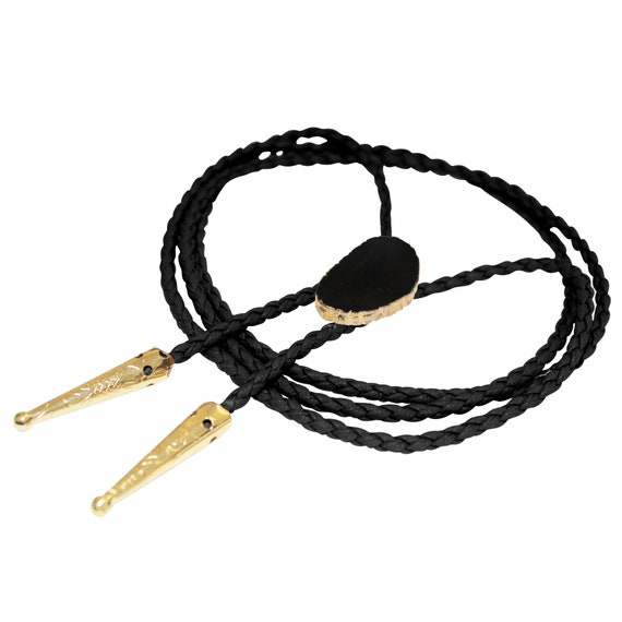 Gold Gold Western Onyx Braun Weiß Kunstleder Schwarzer Vegan Schmuck Verstellbar Tipps Tie Bolo Stein Geflochten Edelstein Handgemachte Halskette Trim