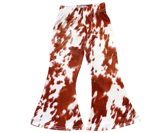 Little Girls Brown Cow Animal Western Cowhide Cowgirl Boho Bell Bottom Stretch Legging Flared Yoga Pants Baby Toddler Kids Children's 2T-5T