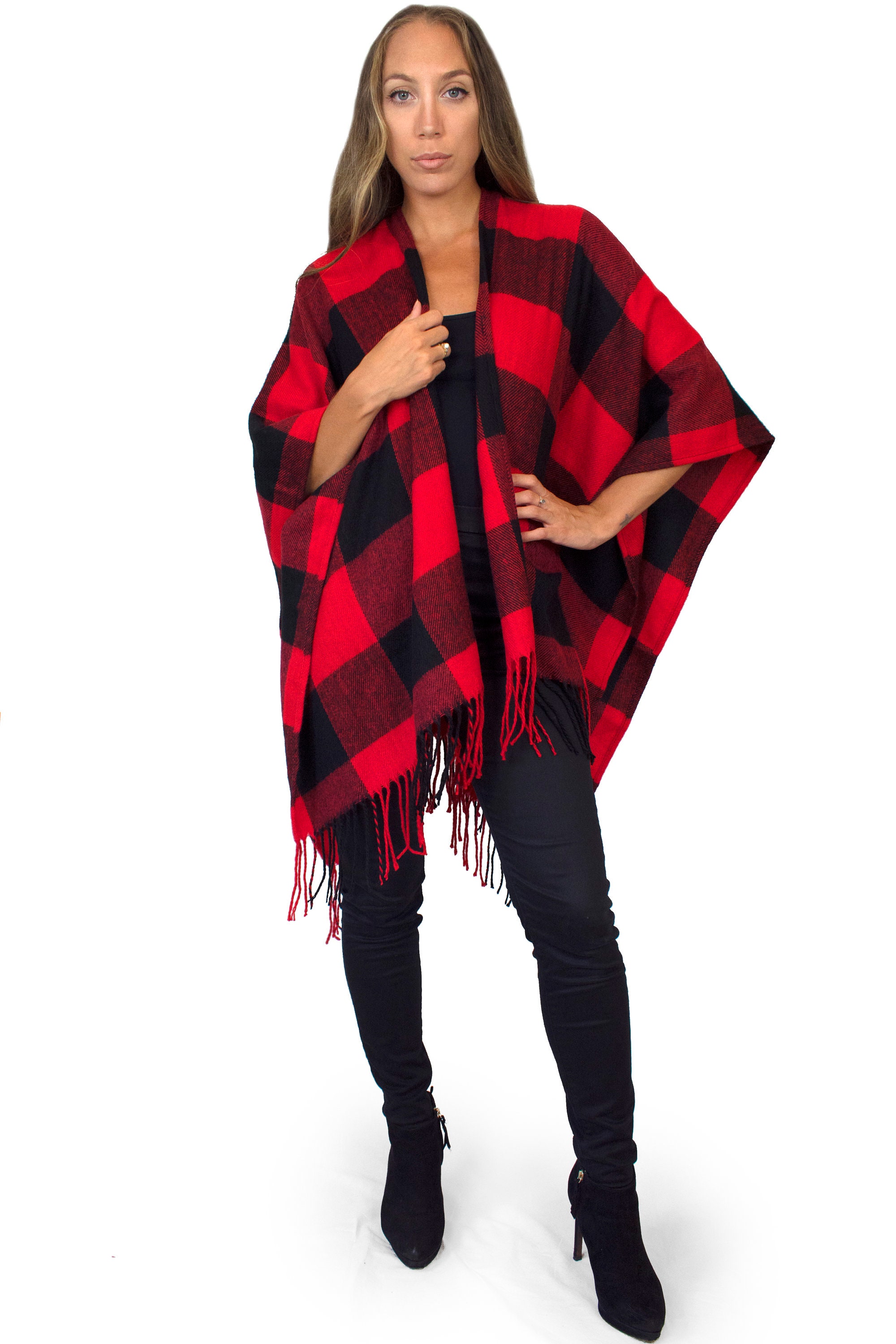 Woven Knit Buffalo Plaid Poncho Red Black Flannel Checkered | Etsy