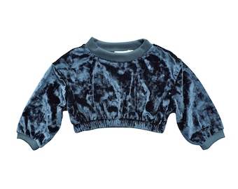 May include: A cropped, long-sleeved top in a deep teal velvet fabric. The top features a crew neck and ribbed cuffs and hem. The fabric has a textured appearance, with a slight sheen. The sleeves are slightly puffed.