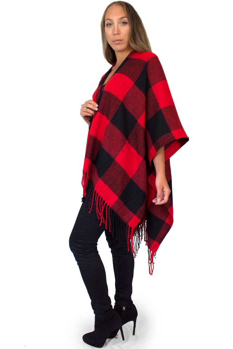 Woven Knit Buffalo Plaid Poncho Red Black Flannel Checkered - Etsy