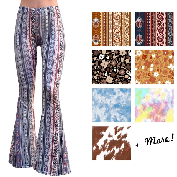 Bell Bottom Flare Stretch Yoga High Waisted Boho Floral Print Comfy 70s Hippie Bohemian Festival Legging Loungewear Pants