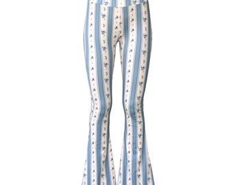 Bell Bottom Flare Stretch Yoga High Waisted Boho Retro Striped Floral Print Comfy 70s Festival Legging Pants - Blue Coquette