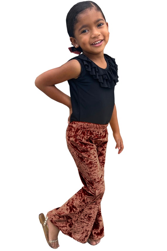 Little Girls Dusty Rose Pink Crushed Velvet Bell Bottom Boho Holiday Winter  Stretch Flared Legging Yoga Pants Toddler Kids Sizes 2T-5T, 6-8 