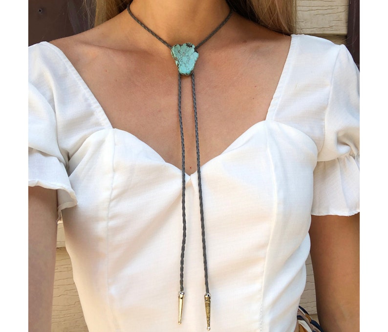 Turquoise Stone Bolo Tie Braided Vegan Faux Leather Metal Tips Handmade Necklace Adjustable Black White Brown Boho Bohemian Western Jewelry image 2