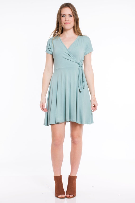 short blue wrap dress