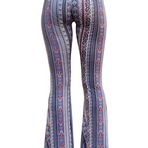 Bell Bottom Flare Stretch Yoga High Waisted Boho Print Gypsy Comfy Ethnic Tribal Damask 70s Hippie Bohemian Festival Legging Pants Indigo image 4