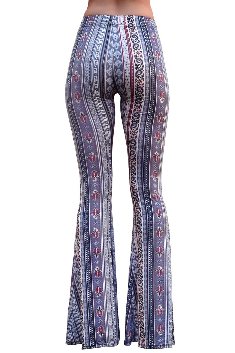 Bell Bottom Flare Stretch Yoga High Waisted Boho Print Gypsy Comfy Ethnic Tribal Damask 70s Hippie Bohemian Festival Legging Pants Indigo image 4