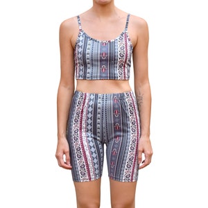 Two Piece Co-Ord Crop Top Cami High Waisted Biker Shorts Yoga Athleisure Loungewear Women&#39;s Matching Set - 6&quot; Inseam - Indigo Hamsa