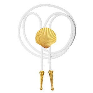 May include: A white bolo tie featuring a gold-colored seashell pendant. The braided cord is white, and the tips are gold-colored with an ornate design. This accessory is suitable for adding a touch of coastal flair to any outfit.