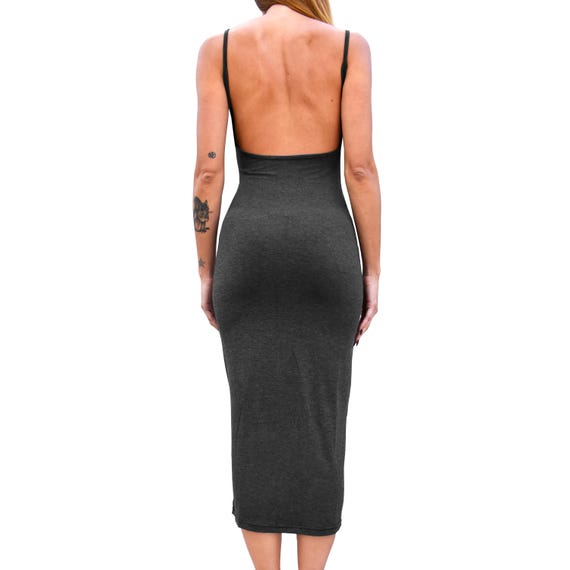 low back midi bodycon dress Heather Grey Backless Open Scoop Neck Sleeveless Spaghetti Strap Tight Fitted Midaxi Long Printed Stretch Knit custom milled Luxe Rib Bridesmaid Dress with Lace Applique Arkaia Women's Draped Bodycon Color:Eggplant (Purple)